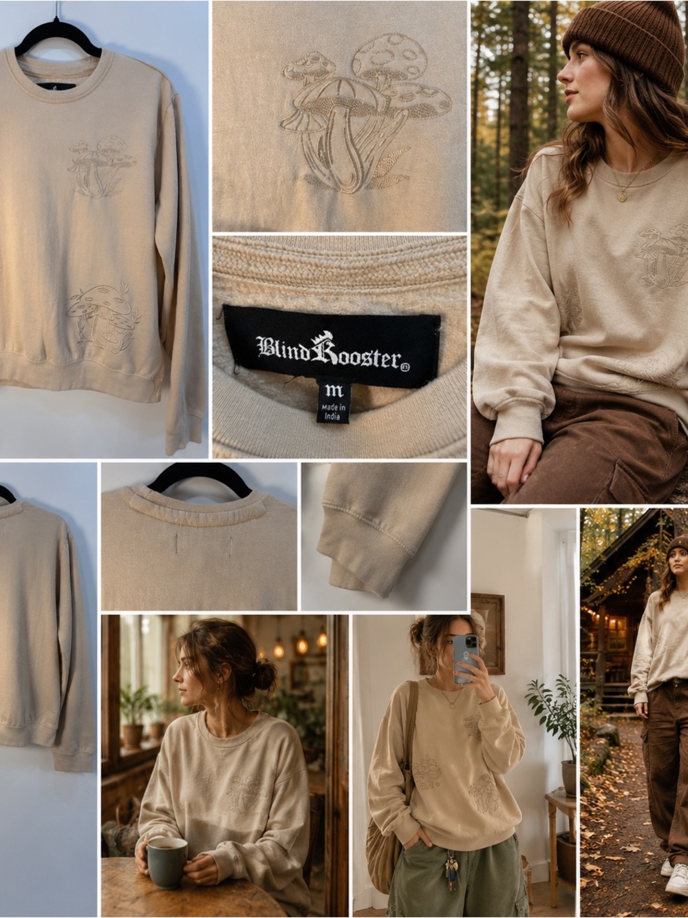 Blind Rooster Sweatshirt Unisex Medium Beige Mushroom Embroidered Nature Lover